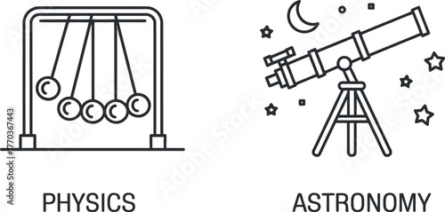 Minimalist line art physics and astronomy icons representing science and discovery vector