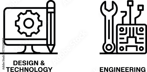 Minimalist line art icons representing design technology and engineering concepts vector