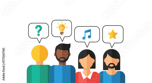 Diverse team brainstorming innovative ideas for business success, sharing questions, inspiration, music, and striving for excellence together