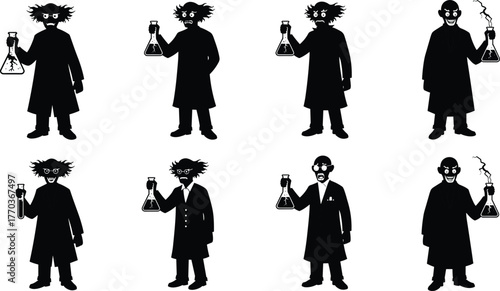Mad scientist silhouettes with flasks and expressive poses, vector illustration for STEM humor, science fiction, and character design