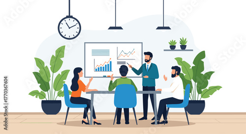 Engaging presentation by diverse team showcasing company growth with charts in modern office, fostering collaboration and success, teamwork