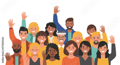 Diverse smiling group waving hello with cheerful expressions, perfect for teamwork, unity, or community engagement in your next project