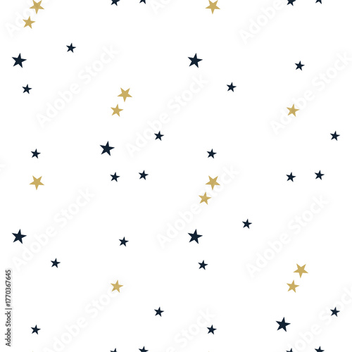 Golden and Black Stars Seamless Vector Pattern. Minimalist festive design perfect for wrapping paper, textiles, backgrounds, and Christmas or New Year decorations.