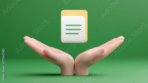 Open hands holding floating document icon with green background in simple flat design style