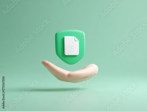 3D illustration of hand holding green shield with white document icon symbolizing data protection and security