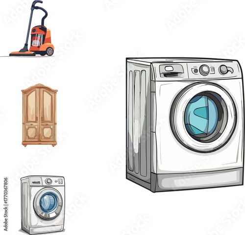 set of washing machine, vacuum cleaner, cupboard vector illustration in color style