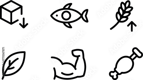 Set of six minimalist line art icons representing nutrition health food protein and strength vector