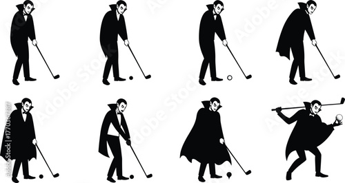 Cartoon vampire playing golf in humorous poses, vector illustration for Halloween sports mashups, character design, and quirky themes