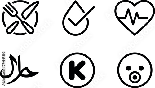 Set of six minimalist black and white icons for food certifications and symbols vector