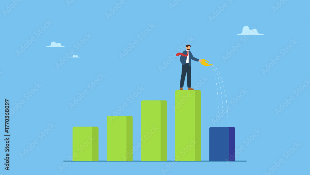 Fototapeta premium Businessman leader standing on profit bar graph watering this year growing bar chart. Economic recover from money stimulus, leadership to grow business, investment growth or profit and earning.