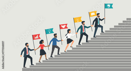Diverse team climbing stairs to success, holding flags representing growth, innovation, communication, partnership, leadership, and security