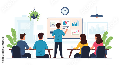 Engaging business presentation delivering key insights and data analysis to diverse team in modern office for successful growth strategy