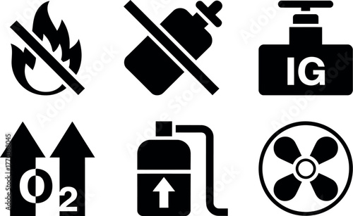 Set of six industrial safety warning icons fire no gas valve oxygen cylinder fan ventilation symbols vector