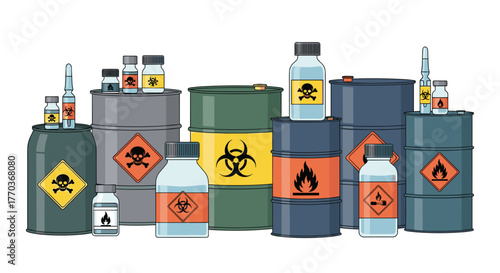 Hazardous waste barrels and bottles with warning labels showcase industrial safety protocols and regulatory compliance standards