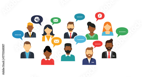 Diverse team sharing ideas and communicating effectively with chat bubbles, perfect for teamwork and brainstorming concepts in modern business