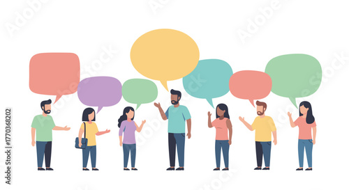 Diverse group of people engaging in lively conversation, sharing ideas with colorful speech bubbles above