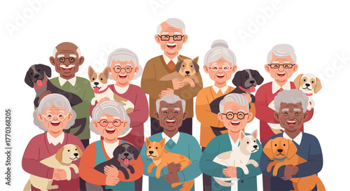 Joyful senior group embraces beloved dogs, celebrating companionship and happy golden years together