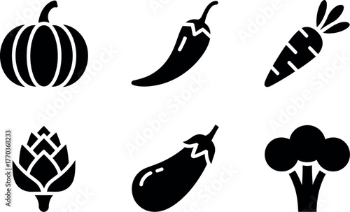 Set of six black icons representing fresh vegetables for healthy eating and cooking concepts vector