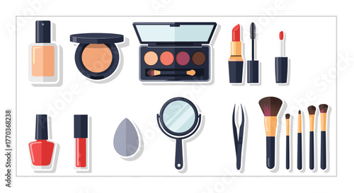 Transform your look with this vibrant collection of essential beauty tools and cosmetics for a flawless finish