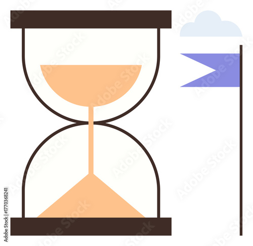 Hourglass with flowing sand and a flag under a cloud, representing the passage of time, goal setting, and achievement. Ideal for themes thumbs up time management, planning, deadlines, motivation