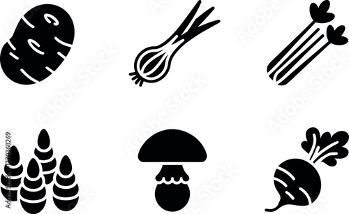 Set of six black and white minimalist vegetable icons featuring potato onion celery asparagus mushroom and radish vector