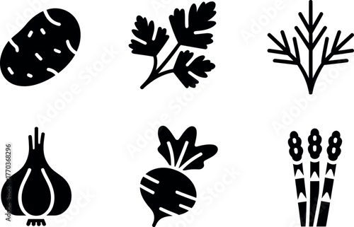 Minimalist black and white icons representing fresh vegetables potato parsley dill garlic radish asparagus vector