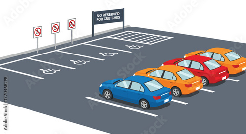 Accessible parking spaces clearly marked for disability access with cars parked nearby and a sign indicating no reserved spots for crutches