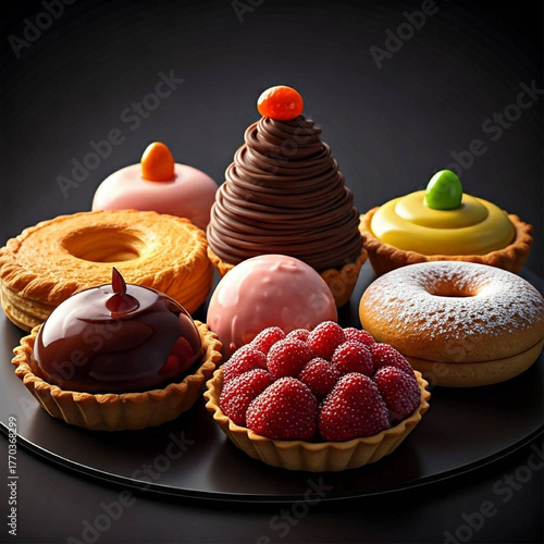 Elegant Pastry Assortment on Dark Background.
Assorted Gourmet Desserts with Berries and Cream.
Luxury French Pastries Displayed on Black Plate.
Artistic Collection of Colorful Modern Desserts.