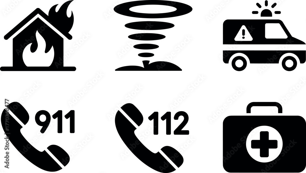 Fototapeta premium Collection of six essential emergency service icons representing fire ambulance tornado and emergency calls vector