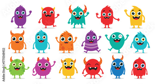 Vibrant collection of playful, friendly cartoon monsters in various colors and fun poses, perfect for children's designs