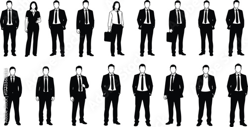 Business professional silhouettes in formal attire and varied poses, vector illustration for corporate, HR, and workplace design themes