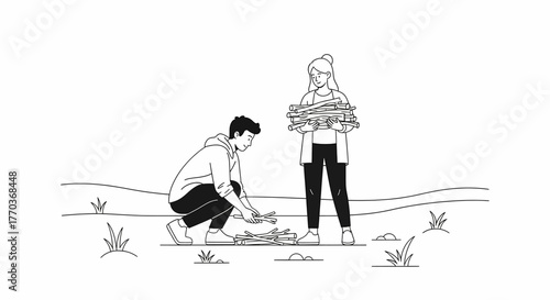 Line drawing of a young couple preparing a campfire outdoors.
