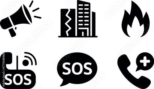 Set of six black and white emergency icons for safety and distress situations vector