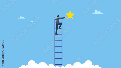 Ambitious businessman climbing ladder to the the top and reaching for the shining star. Business opportunity, ladder of success or aspiration to achieve business goal.