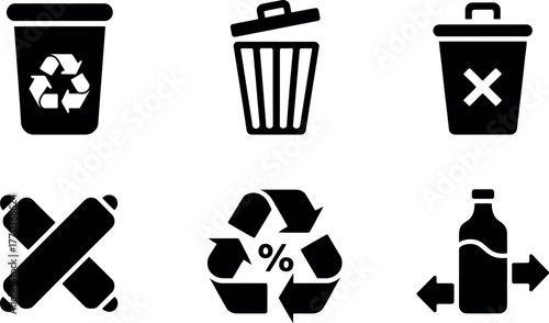 Set of six black and white waste management icons for recycling and disposal services vector