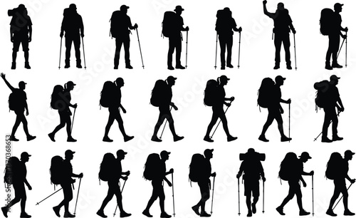 Hiker silhouettes with backpacks and trekking poles, walking and standing poses vector illustration for outdoor, adventure, and fitness themes