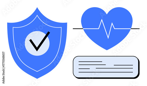 Shield with checkmark, heart with heartbeat line, and rectangular document. Ideal for health safety, medical care, insurance, wellness, protection trust compliance. A simple flat metaphor