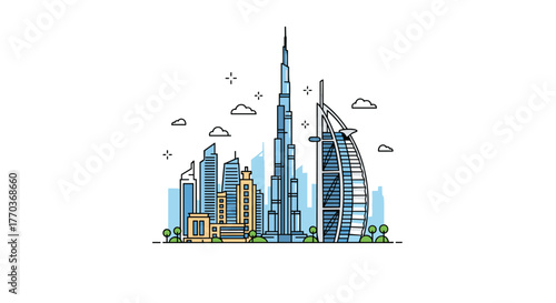 Iconic modern city skyline featuring famous landmarks and skyscrapers in a vibrant, clean illustration style