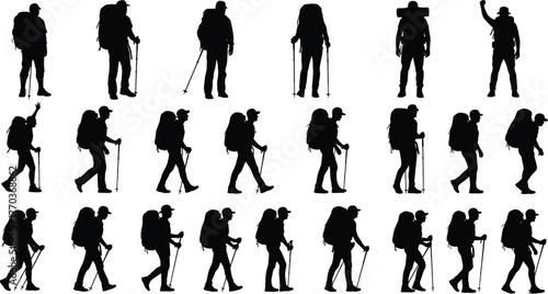 Hiker silhouettes with backpacks and trekking poles, walking and standing poses vector illustration for outdoor, adventure, and motion themes