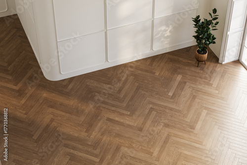 Top view of herringbone wooden floor with soft daylight and natural warm tones. Perfect for background or interior mock-up use. 3D render.