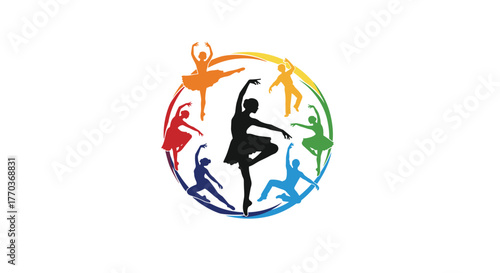 Vibrant ballet dancers in colorful poses circle a central black silhouette, embodying grace and artistic expression
