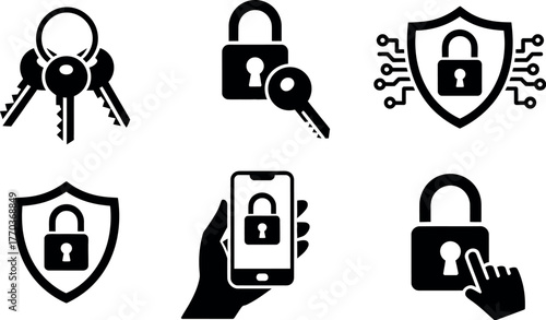 Set of six black and white security icons representing protection and access control vector