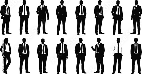 Business professional silhouettes in suits and expressive poses, vector illustration for corporate, HR, and workplace design themes