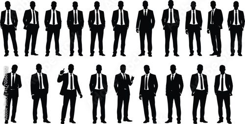 Male business professional silhouettes in suits and dynamic poses, vector illustration for corporate, HR, and workplace design themes