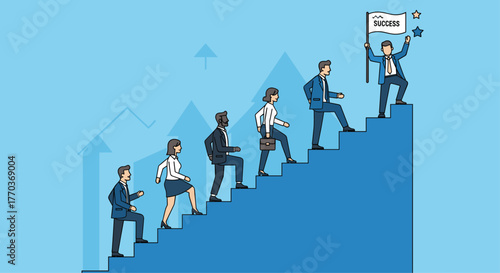Ambitious professionals ascend stairs towards success banner, embodying career growth and achievement in a modern business landscape