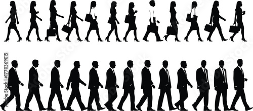 Business walking cycle silhouettes with contrast highlights, male and female vector illustration for animation, fashion, and workplace themes