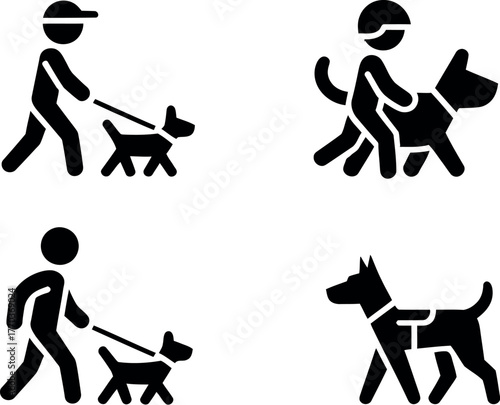 Minimalist black and white icons of people walking dogs and a dog vector