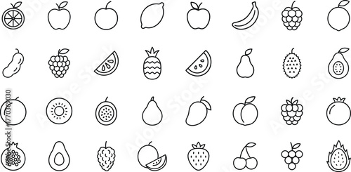 Fruit collection line icon set. Vector pictograms of banana, orange, pineapple, strawberry, mango, kiwi, coconut, blueberry, raspberry, papaya, pomegranate, and grape thin linear illustration