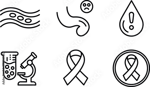 Medical and scientific line art icons set representing health research and disease awareness vector
