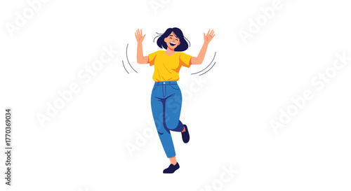 Joyful woman celebrating with arms raised high, expressing pure happiness and freedom in a dynamic, vibrant pose